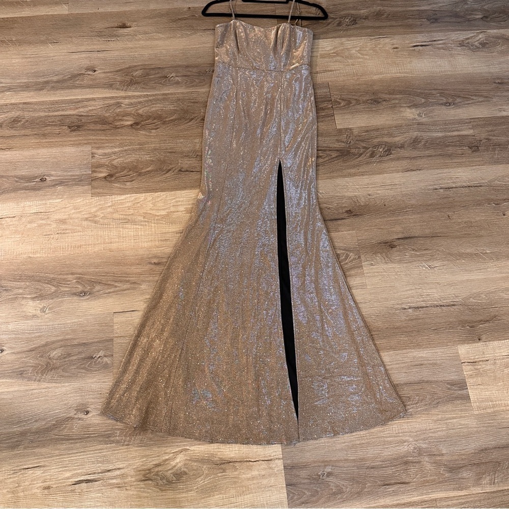 Lulus Gold Glitter Evening Gown XS Prom Dress Metallic w/ Slit Formal Elegant XS